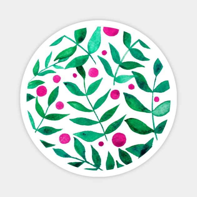 Watercolor branches and berries - green and pink Magnet by wackapacka